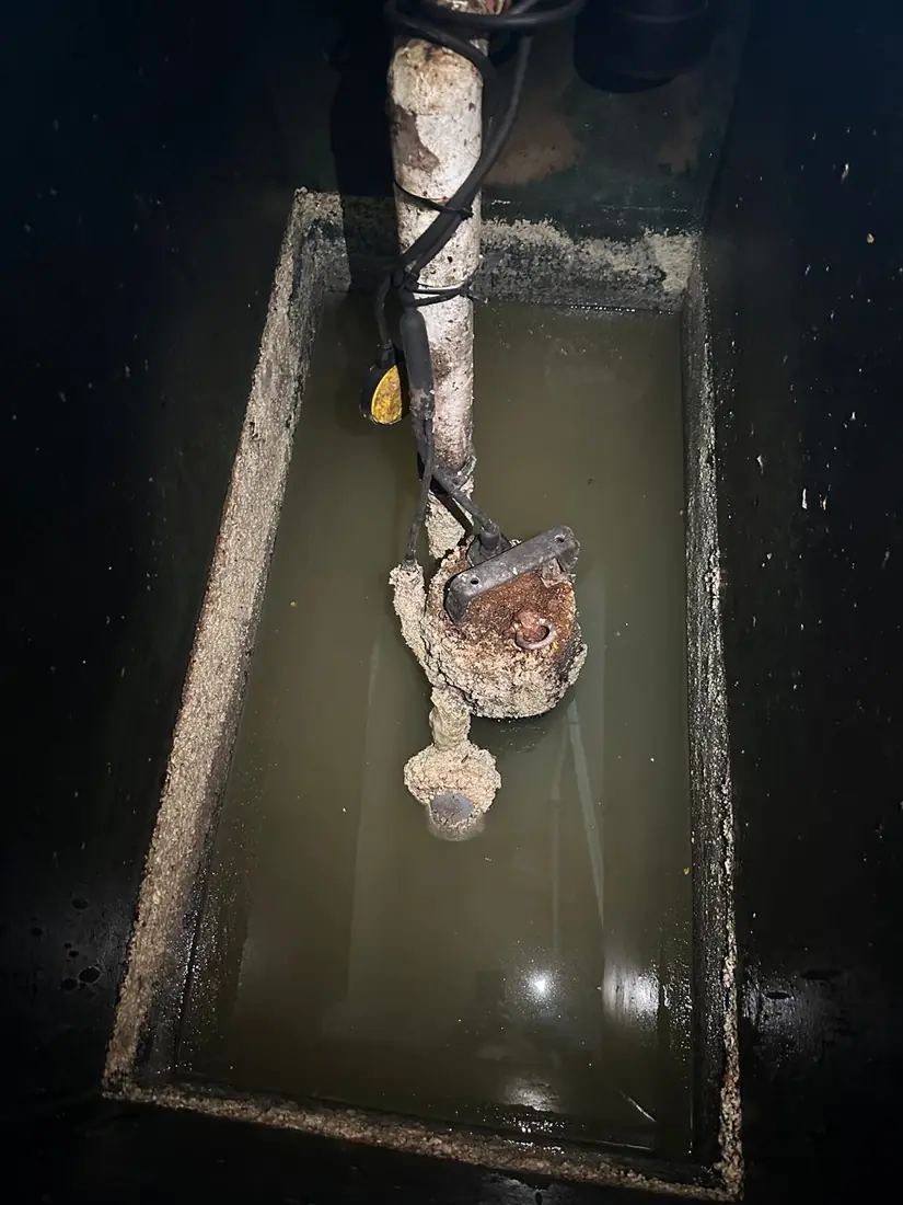 A Liberty sewer pump at Gunnamatta Bay left unserviced for years, with the pump and discharge pipe caked in hardened fat