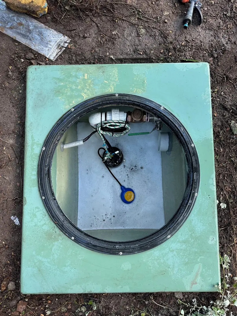 A new Davey D120 automatic sewer pump installed in a fresh fibreglass pit at Burraneer, Sydney