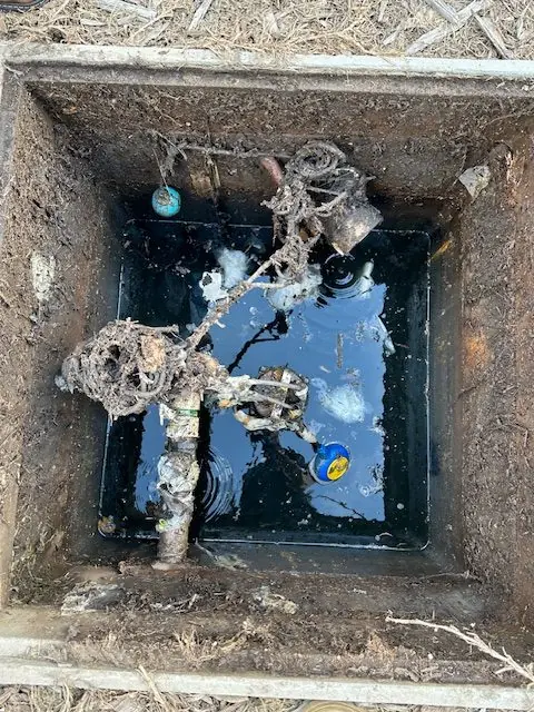 Sewer pump pit before service showing debris and buildup affecting float operation