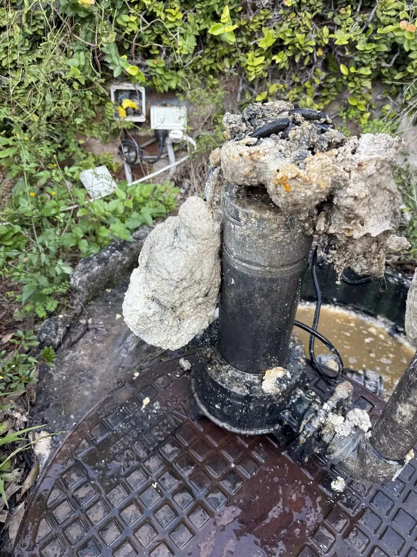 Sewer pump float coated in thick fat buildup from years without service, holding it down and stopping it from rising